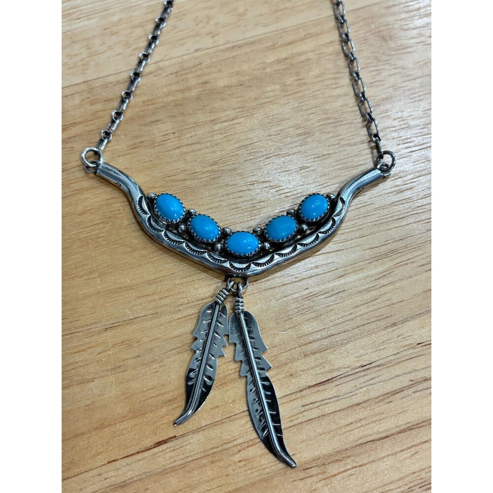 Vintage Navajo Sterling Silver Necklace Turquoise Inlay Feathers Native American